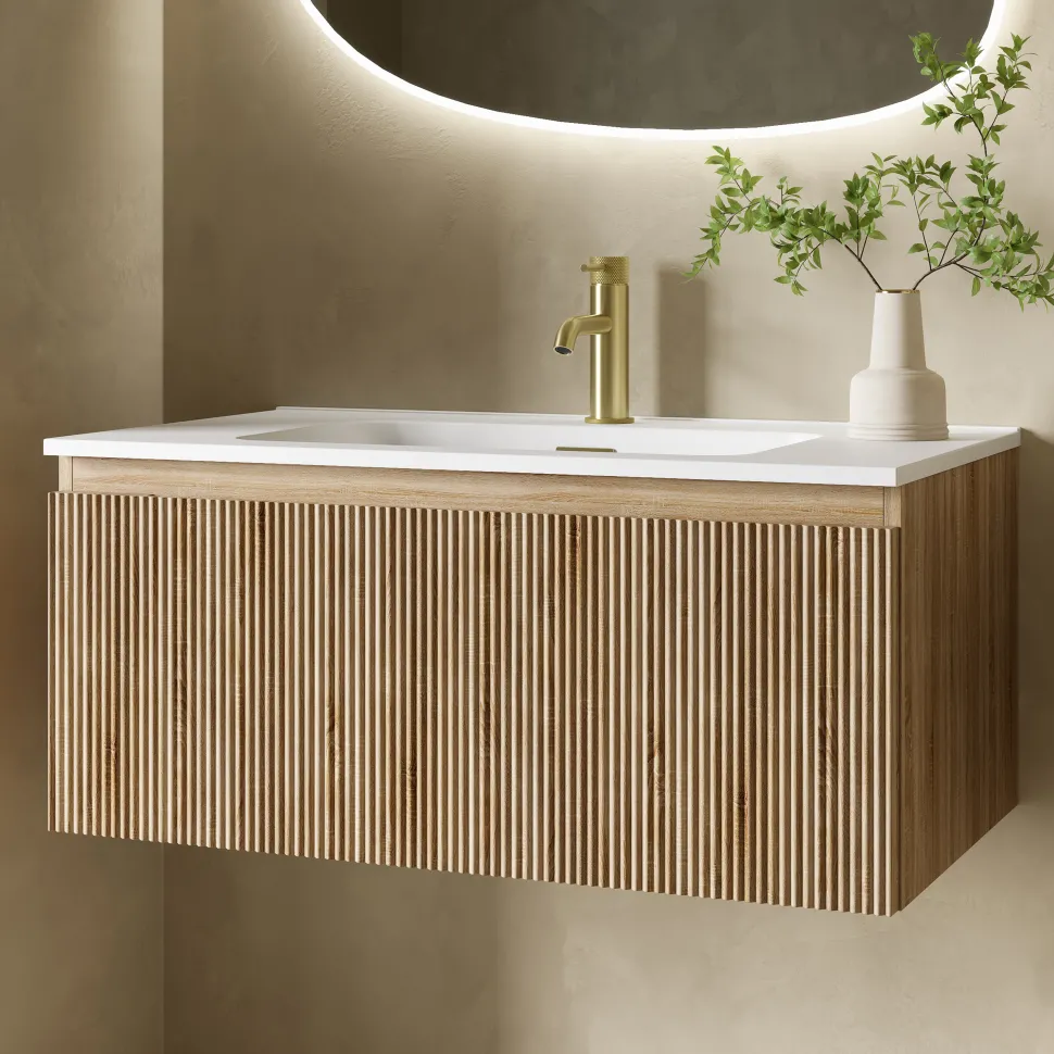 Drench Groove 800mm Fluted Wall Hung Vanity Unit & Matt Stone Basin