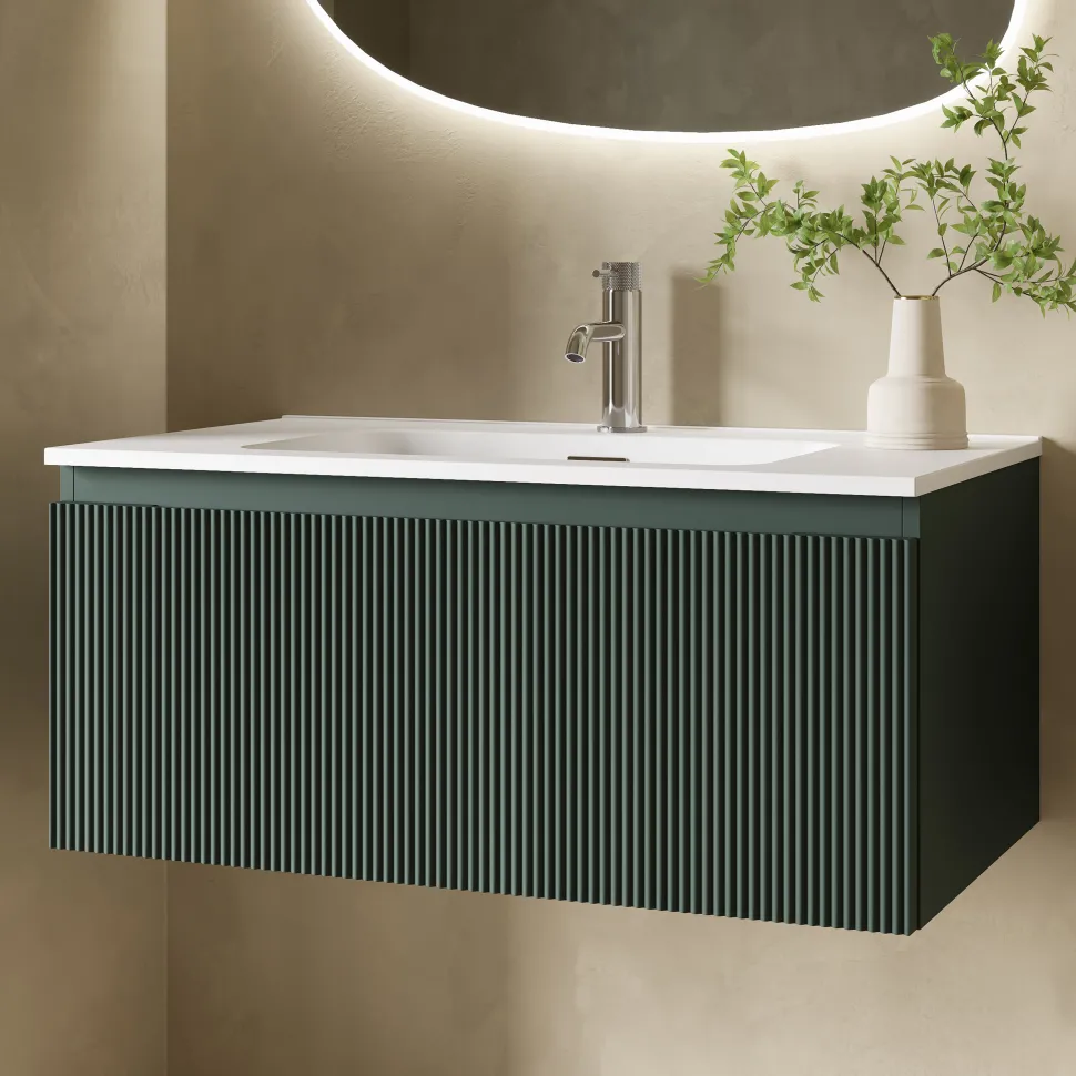Drench Groove 800mm Fluted Wall Hung Vanity Unit & Matt Stone Basin