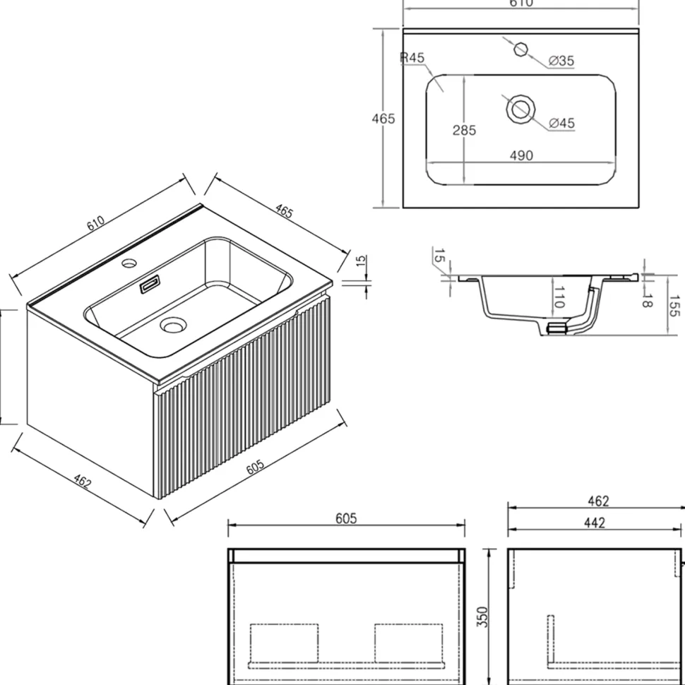 Drench Groove 600mm Fluted Wall Hung Vanity Unit & Matt Stone Basin