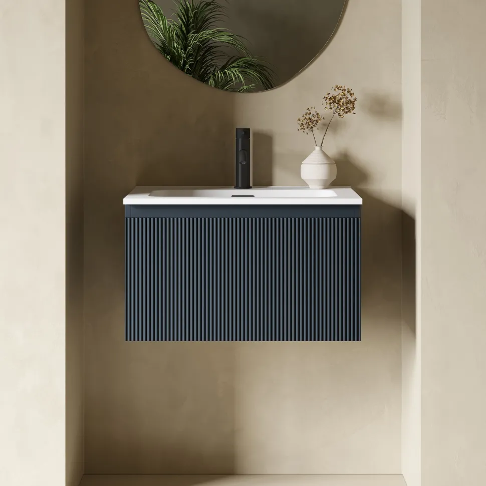 Drench Groove 600mm Fluted Wall Hung Vanity Unit & Matt Stone Basin