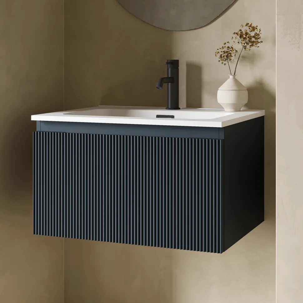 Drench Groove 600mm Fluted Wall Hung Vanity Unit & Matt Stone Basin