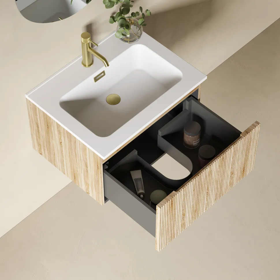 Drench Groove 600mm Fluted Wall Hung Vanity Unit & Matt Stone Basin