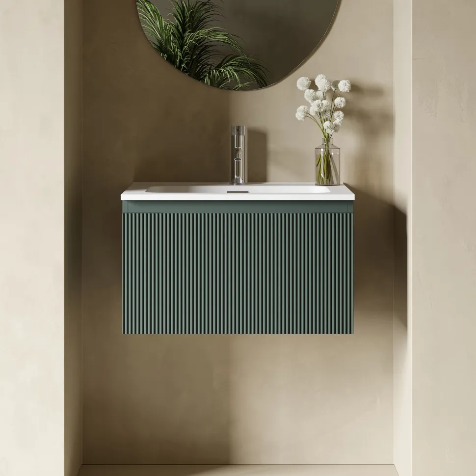 Drench Groove 600mm Fluted Wall Hung Vanity Unit & Matt Stone Basin