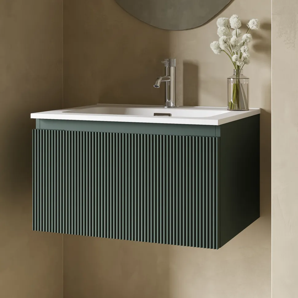 Drench Groove 600mm Fluted Wall Hung Vanity Unit & Matt Stone Basin
