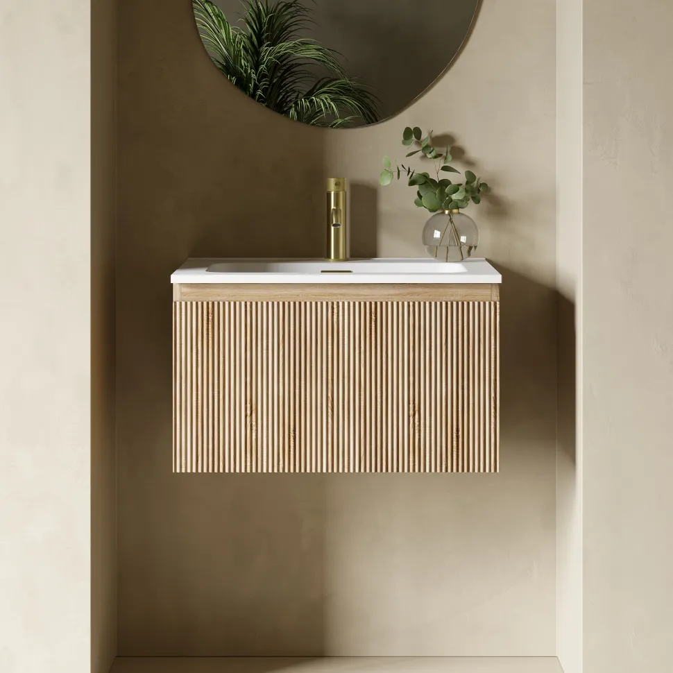 Drench Groove 600mm Fluted Wall Hung Vanity Unit & Matt Stone Basin