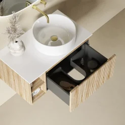 Drench Groove 800mm Fluted Wall Hung Vanity Unit with Open Shelves & Sintered Stone Countertop