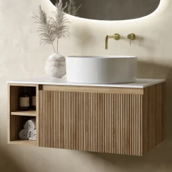Drench Groove 800mm Fluted Wall Hung Vanity Unit with Open Shelves & Sintered Stone Countertop