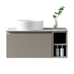 Drench Groove 800mm Fluted Wall Hung Vanity Unit with Open Shelves & Sintered Stone Countertop