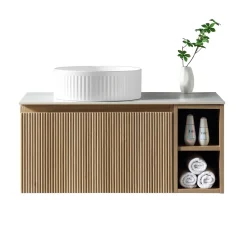 Drench Groove 800mm Fluted Wall Hung Vanity Unit with Open Shelves & Sintered Stone Countertop