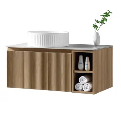 Drench Groove 800mm Fluted Wall Hung Vanity Unit with Open Shelves & Sintered Stone Countertop