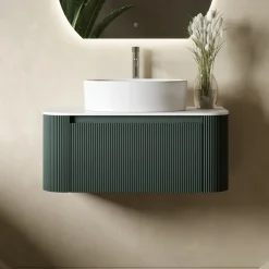 Drench Groove 870mm Fluted Wall Hung Curved Vanity Unit with Sintered Stone Countertop