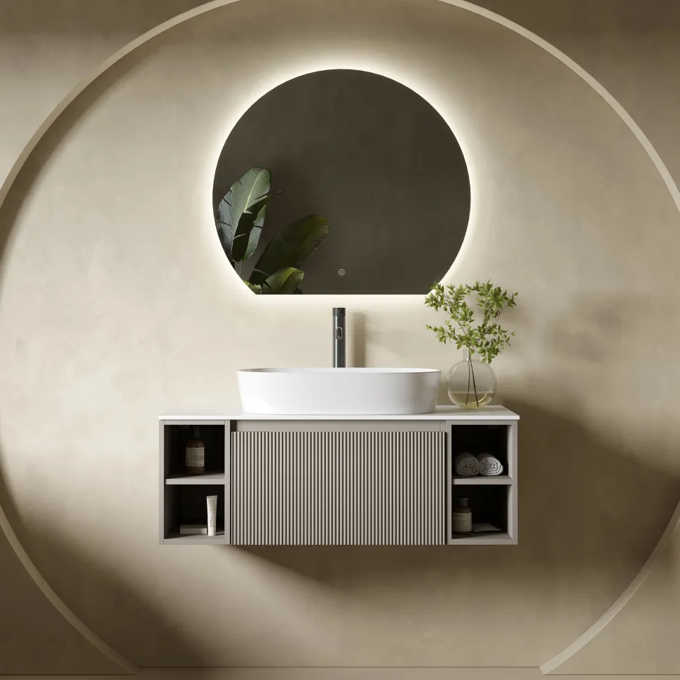 Drench Groove 1000mm Fluted Wall Hung Vanity Unit with Open Shelves & Sintered Stone Countertop