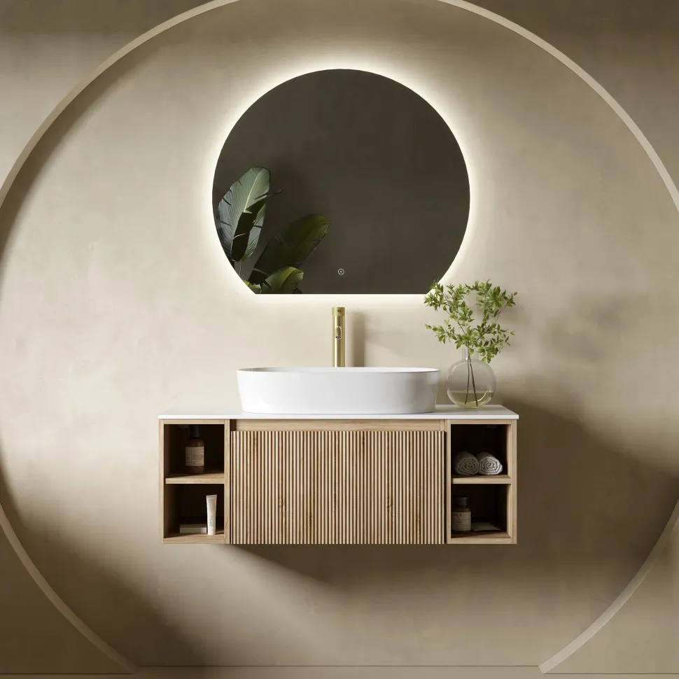 Drench Groove 1000mm Fluted Wall Hung Vanity Unit with Open Shelves & Sintered Stone Countertop