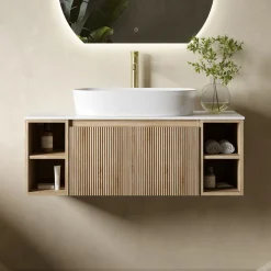 Drench Groove 1000mm Fluted Wall Hung Vanity Unit with Open Shelves & Sintered Stone Countertop