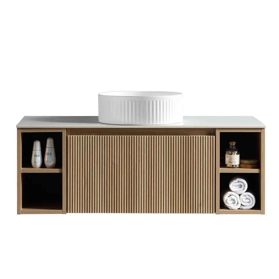 Drench Groove 1000mm Fluted Wall Hung Vanity Unit with Open Shelves & Sintered Stone Countertop