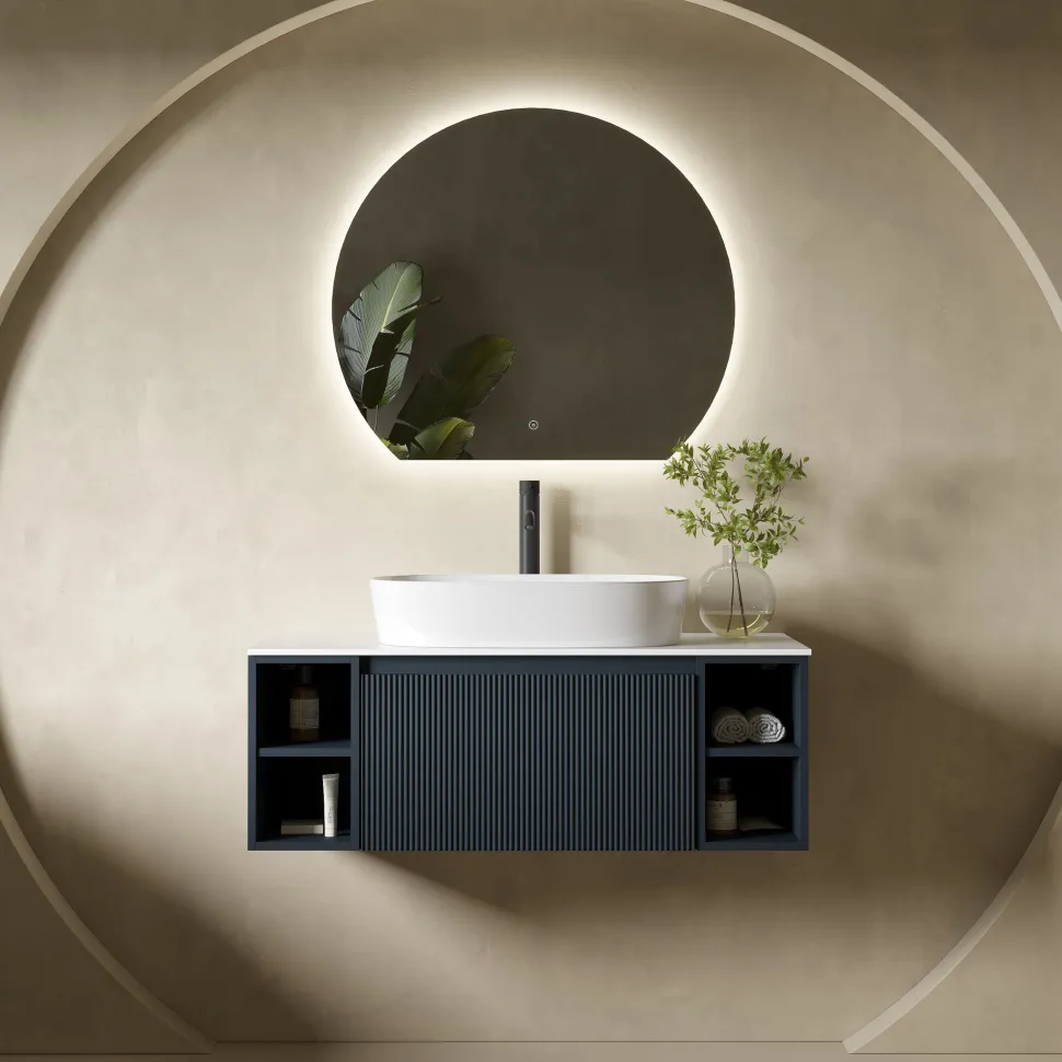 Drench Groove 1000mm Fluted Wall Hung Vanity Unit with Open Shelves & Sintered Stone Countertop