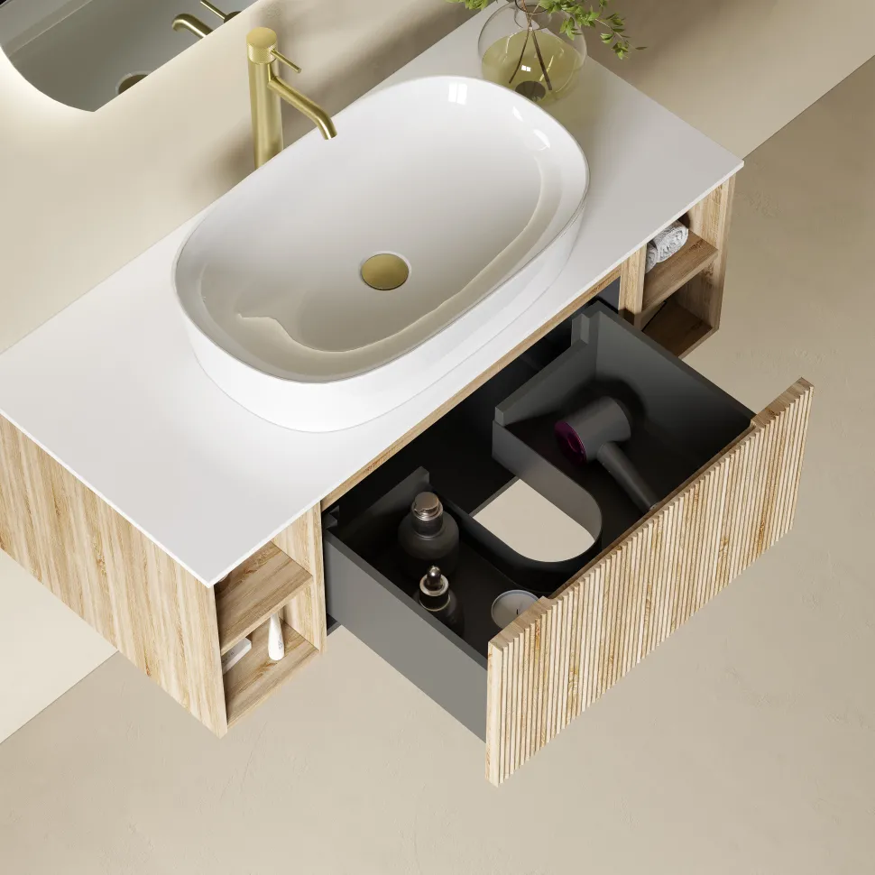 Drench Groove 1000mm Fluted Wall Hung Vanity Unit with Open Shelves & Sintered Stone Countertop