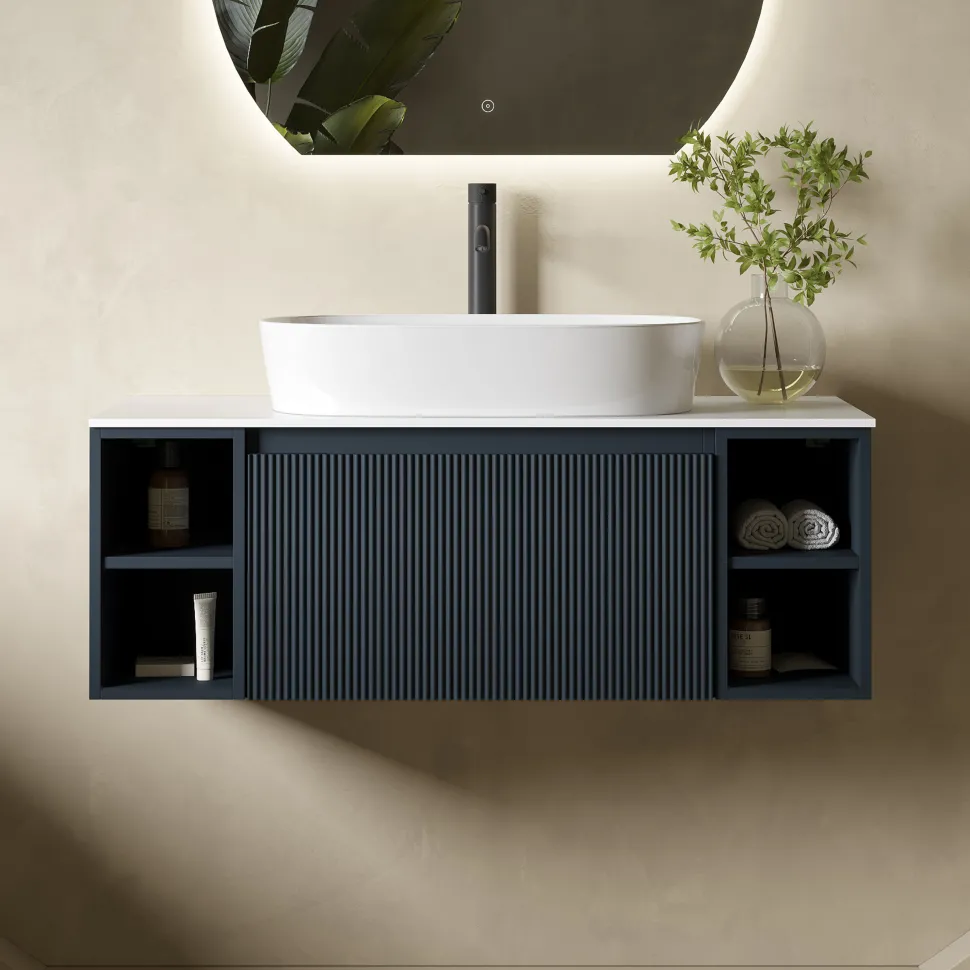 Drench Groove 1000mm Fluted Wall Hung Vanity Unit with Open Shelves & Sintered Stone Countertop