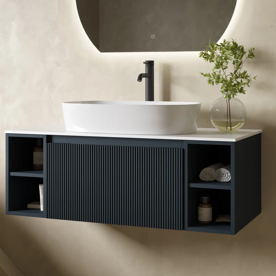 Drench Groove 1000mm Fluted Wall Hung Vanity Unit with Open Shelves & Sintered Stone Countertop
