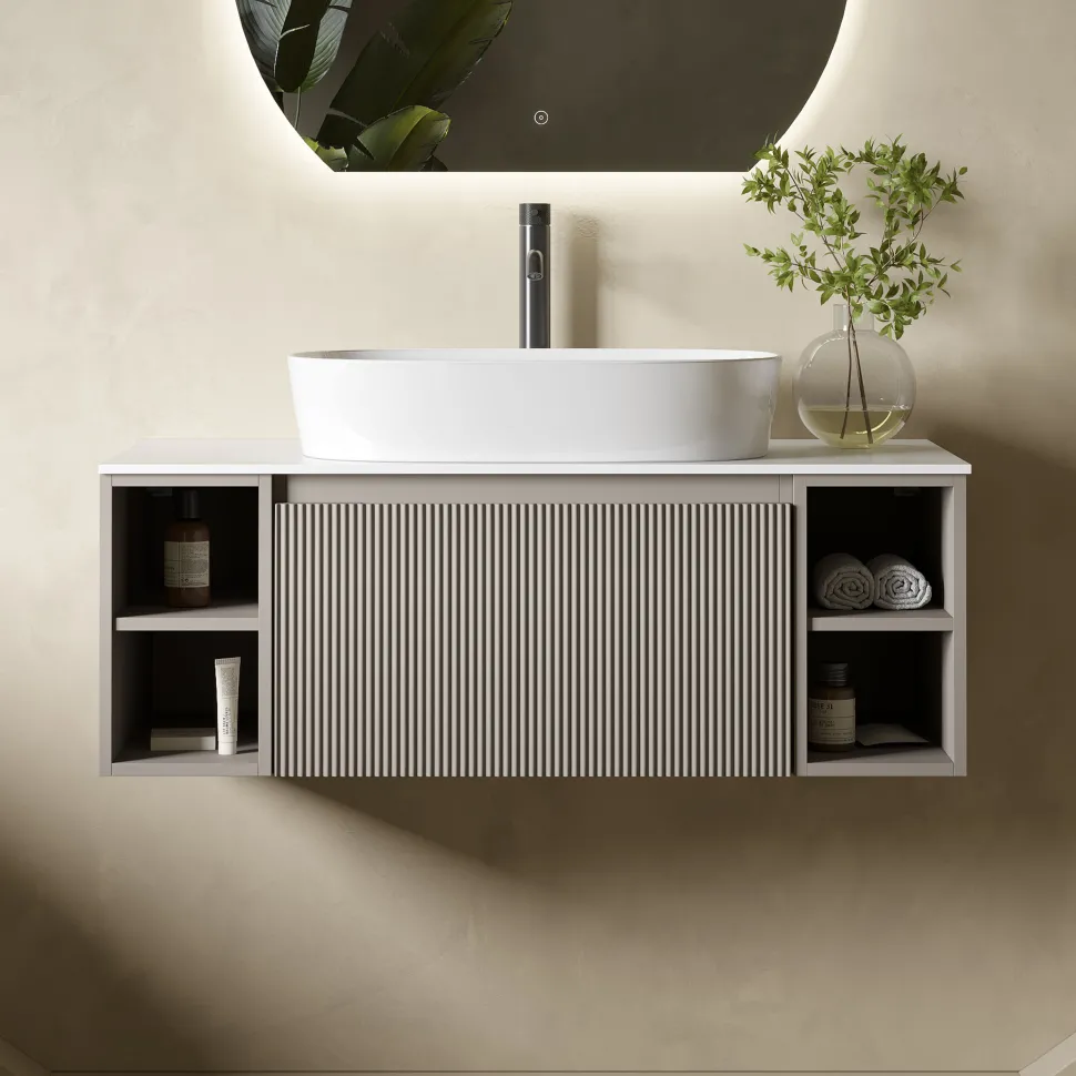 Drench Groove 1000mm Fluted Wall Hung Vanity Unit with Open Shelves & Sintered Stone Countertop