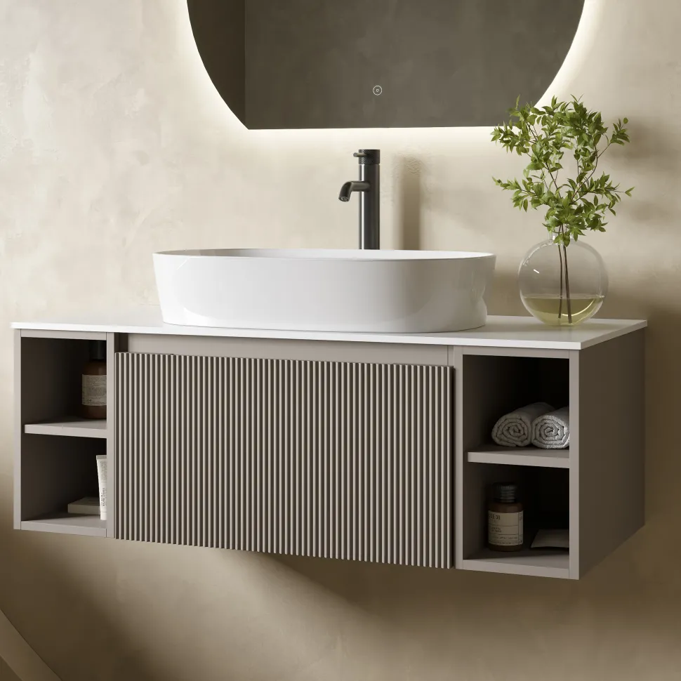 Drench Groove 1000mm Fluted Wall Hung Vanity Unit with Open Shelves & Sintered Stone Countertop