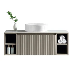 Drench Groove 1000mm Fluted Wall Hung Vanity Unit with Open Shelves & Sintered Stone Countertop