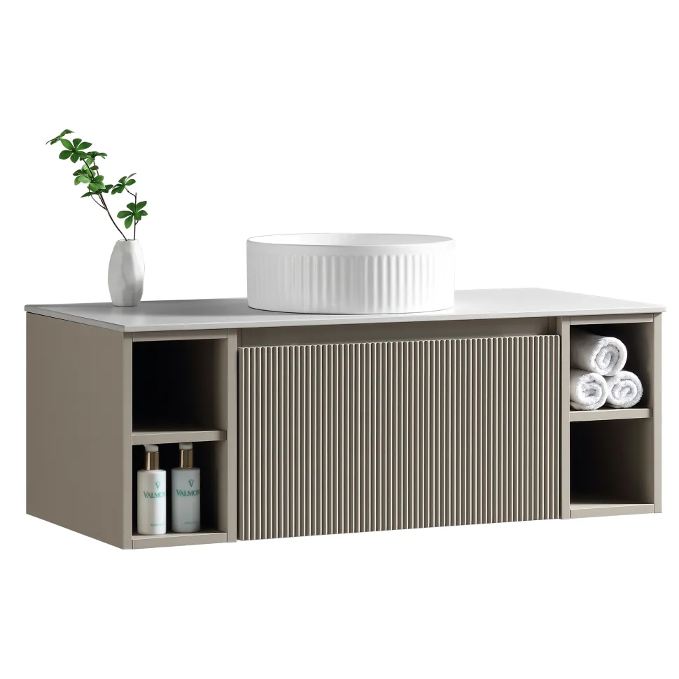 Drench Groove 1000mm Fluted Wall Hung Vanity Unit with Open Shelves & Sintered Stone Countertop