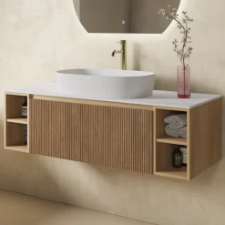 Drench Groove 1200mm Fluted Wall Hung Vanity Unit With Open Shelves & Sintered Stone Countertop