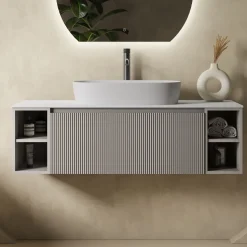 Drench Groove 1200mm Fluted Wall Hung Vanity Unit With Open Shelves & Sintered Stone Countertop