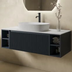 Drench Groove 1200mm Fluted Wall Hung Vanity Unit With Open Shelves & Sintered Stone Countertop