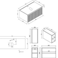 Drench Groove 1200mm Fluted Wall Hung Vanity Unit With Open Shelves & Sintered Stone Countertop