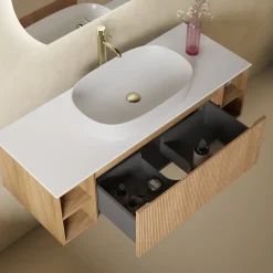 Drench Groove 1200mm Fluted Wall Hung Vanity Unit With Open Shelves & Sintered Stone Countertop