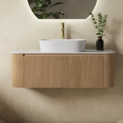 Drench Groove 1075mm Fluted Wall Hung Curved Vanity Unit With Sintered Stone Countertop