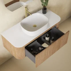 Drench Groove 1075mm Fluted Wall Hung Curved Vanity Unit With Sintered Stone Countertop