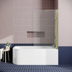 Drench J Shaped Shower Bath with Panel & Brushed Brass Shower Screen - 1700mm