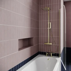 Drench J Shaped Shower Bath with Panel & Brushed Brass Shower Screen - 1700mm