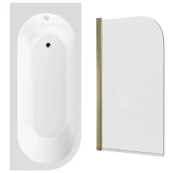 Drench J Shaped Shower Bath with Panel & Brushed Brass Shower Screen - 1700mm