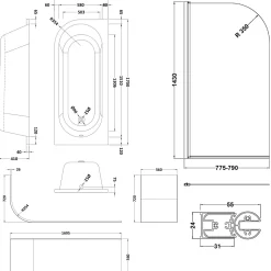 Drench J Shaped Shower Bath with Panel & Brushed Brass Shower Screen - 1700mm