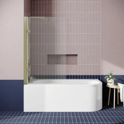 Drench J Shaped Shower Bath with Panel & Brushed Brass Shower Screen - 1700mm