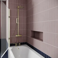 Drench J Shaped Shower Bath with Panel & Brushed Brass Shower Screen - 1700mm
