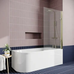 Drench J Shaped Shower Bath with Panel & Brushed Brass Shower Screen - 1700mm