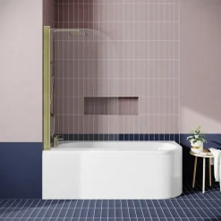 Drench J Shaped Shower Bath with Panel & Brushed Brass Shower Screen - 1700mm
