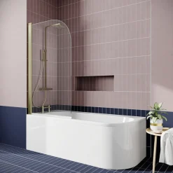 Drench J Shaped Shower Bath with Panel & Brushed Brass Shower Screen - 1700mm