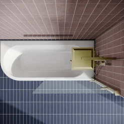 Drench J Shaped Shower Bath with Panel & Brushed Brass Shower Screen - 1700mm