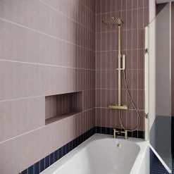 Drench J Shaped Shower Bath with Panel & Brushed Brass Shower Screen - 1700mm