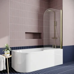 Drench J Shaped Shower Bath with Panel & Brushed Brass Shower Screen - 1700mm