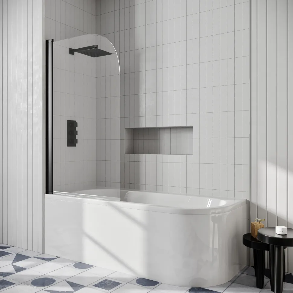 Drench J Shaped Shower Bath with Panel & Shower Screen