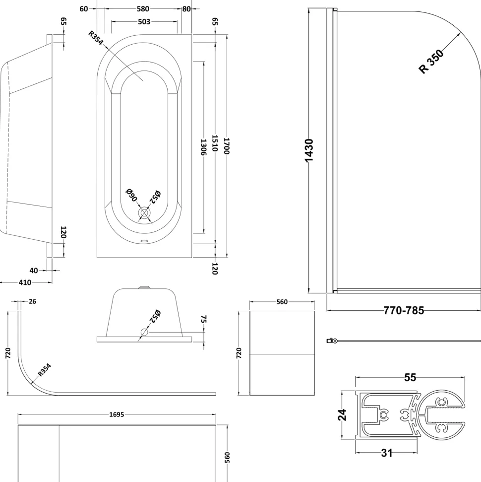 Drench J Shaped Shower Bath with Panel & Shower Screen