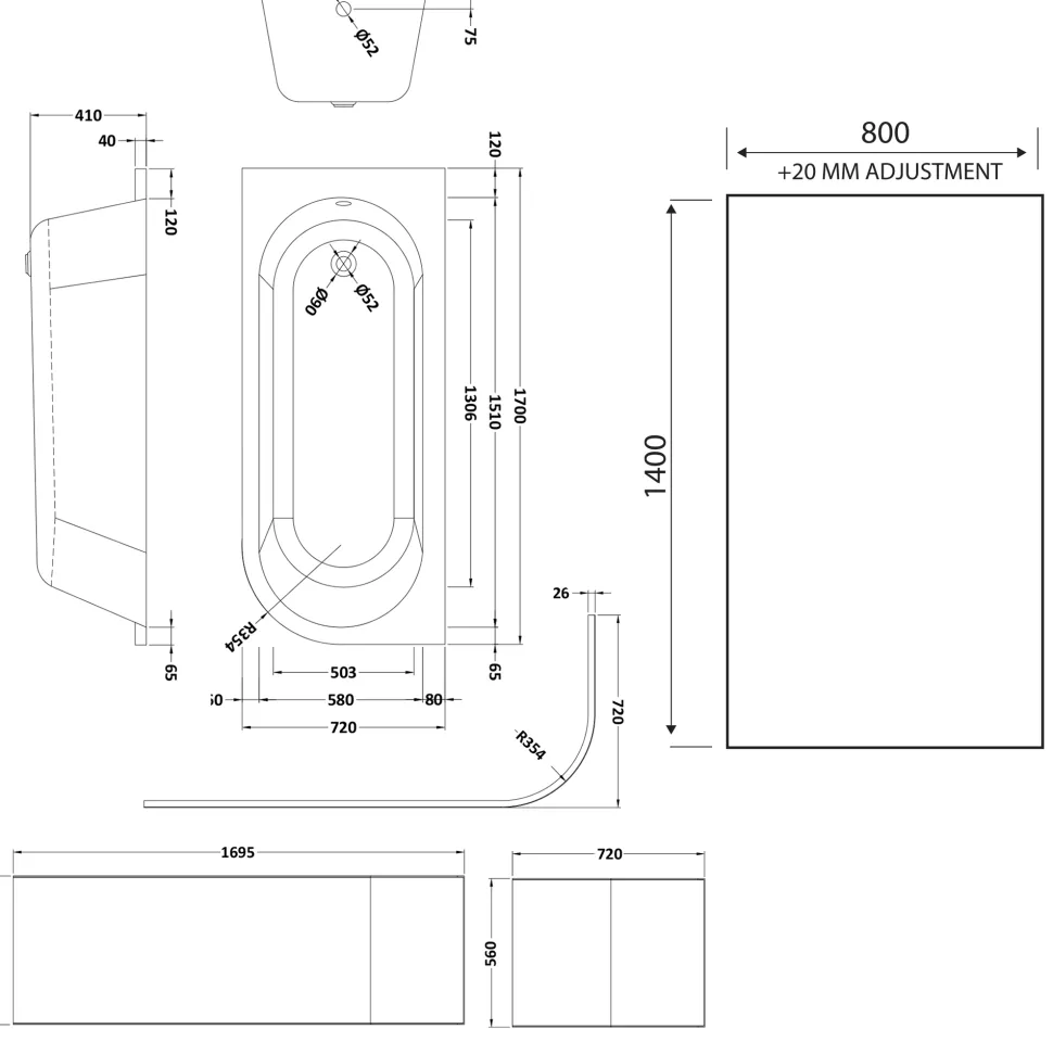 Drench J Shaped Shower Bath with Panel & Shower Screen