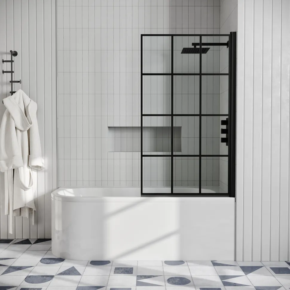 Drench J Shaped Shower Bath with Panel & Shower Screen
